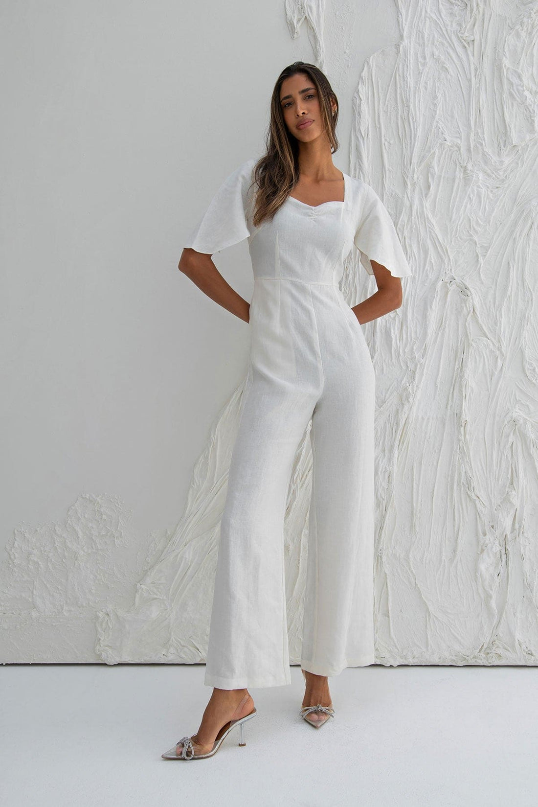 White Linen Clara Jumpsuit with Sweetheart Neckline