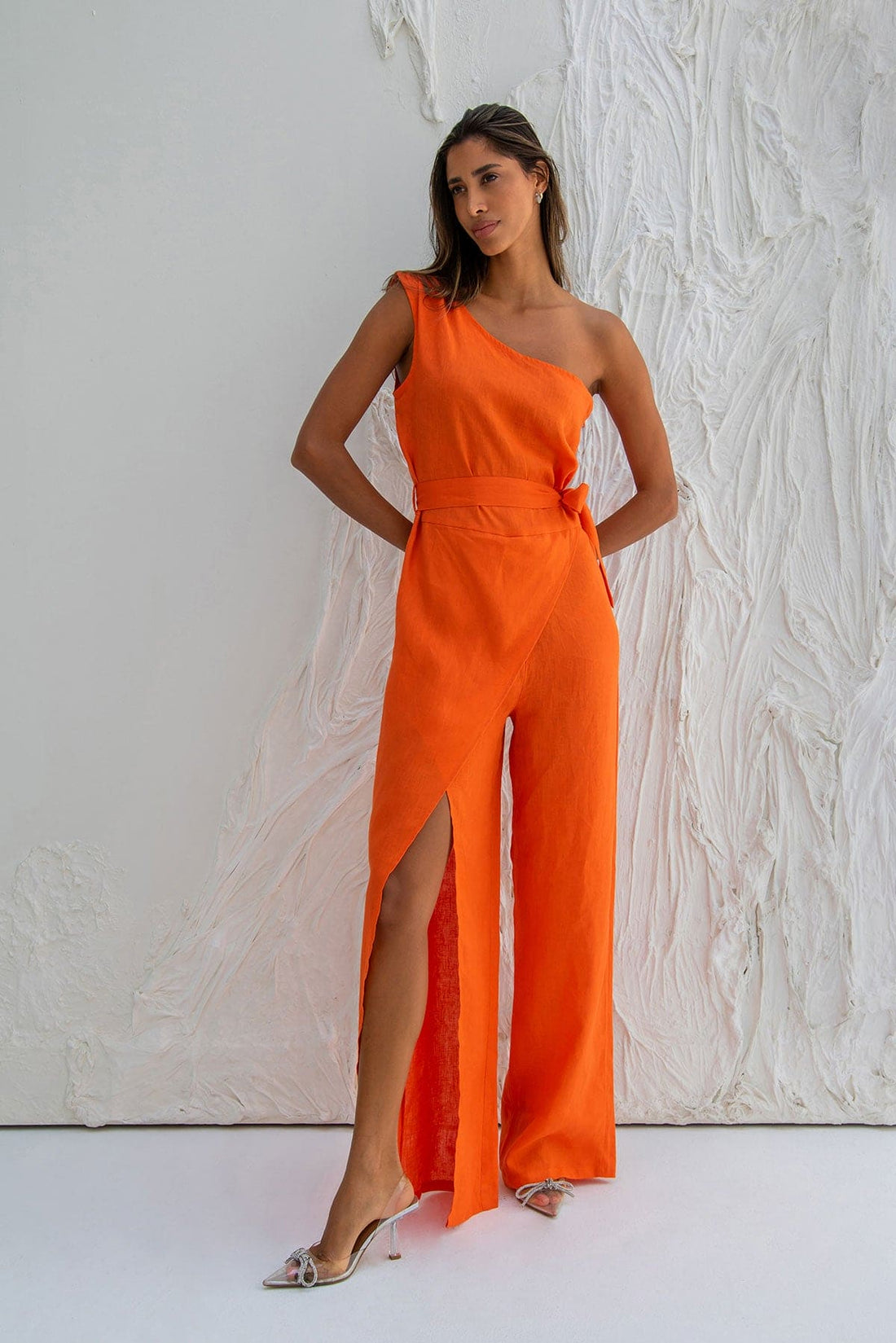 One Shoulder Tangerine Linen Iris Jumpsuit