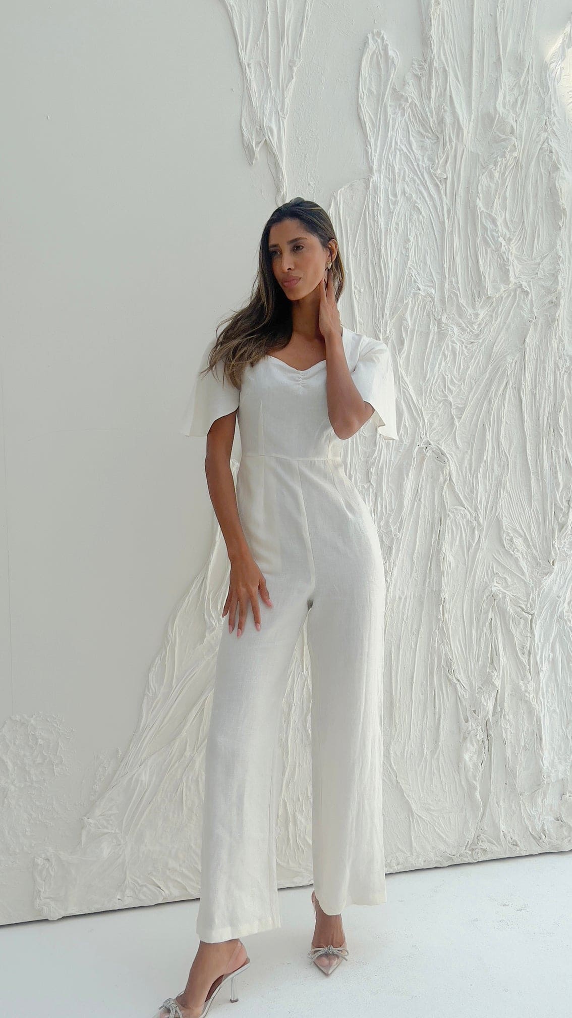 White Linen Clara Jumpsuit with Sweetheart Neckline