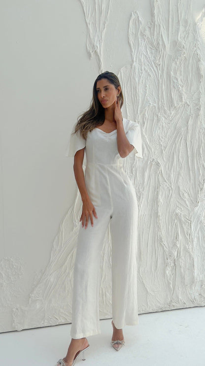 White Linen Clara Jumpsuit with Sweetheart Neckline