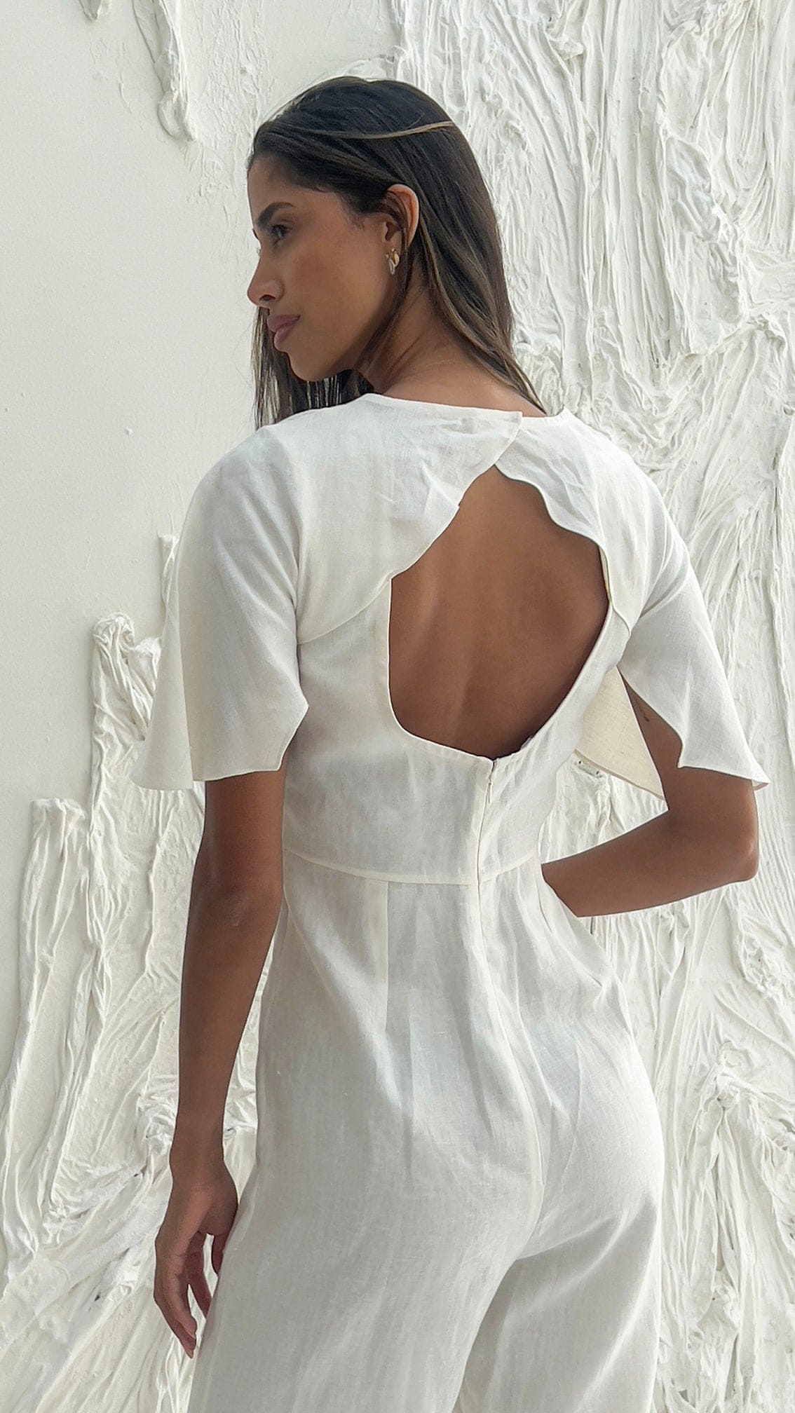 White Linen Clara Jumpsuit with Sweetheart Neckline
